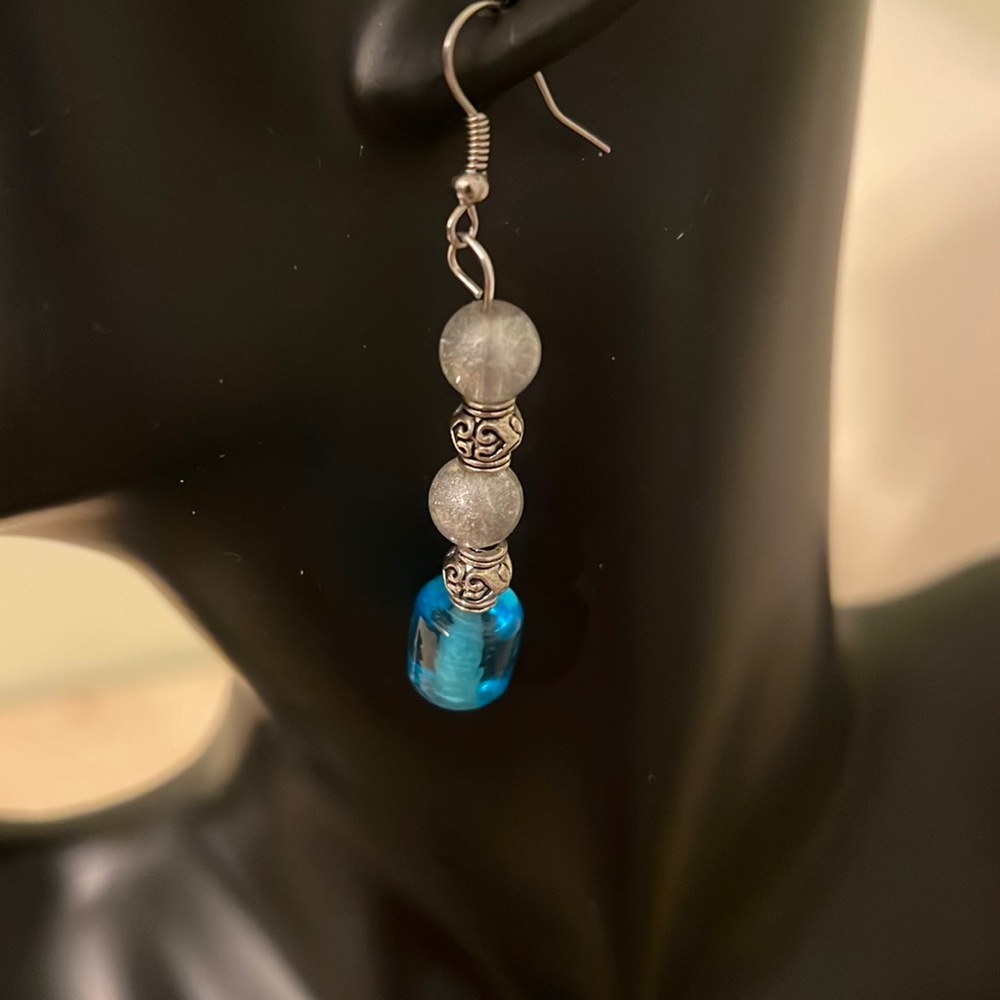 Dangle blue and silver bead handmade earrings